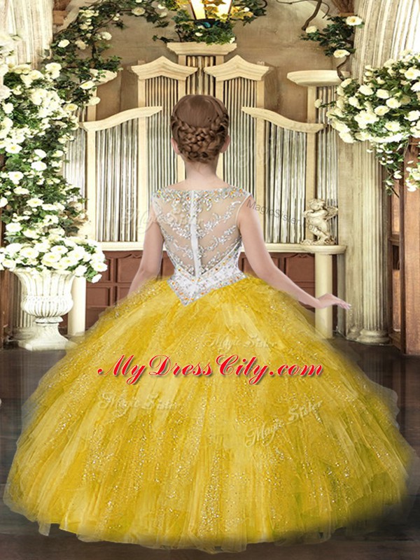 Tulle Scoop Sleeveless Zipper Beading and Ruffles Pageant Dress for Teens in Gold