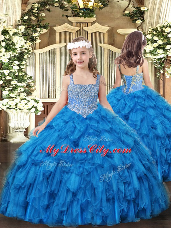 Superior Floor Length Lace Up Kids Pageant Dress Baby Blue for Party and Sweet 16 and Quinceanera and Wedding Party with Beading and Ruffles
