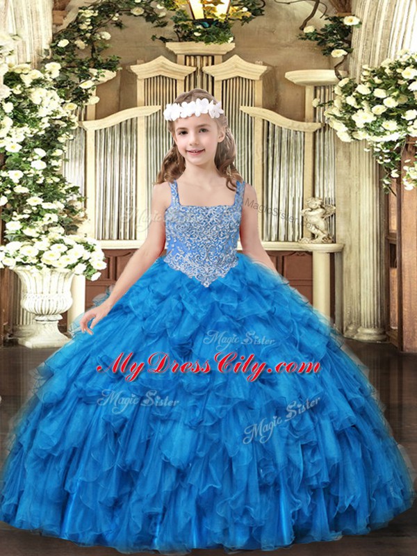 Superior Floor Length Lace Up Kids Pageant Dress Baby Blue for Party and Sweet 16 and Quinceanera and Wedding Party with Beading and Ruffles