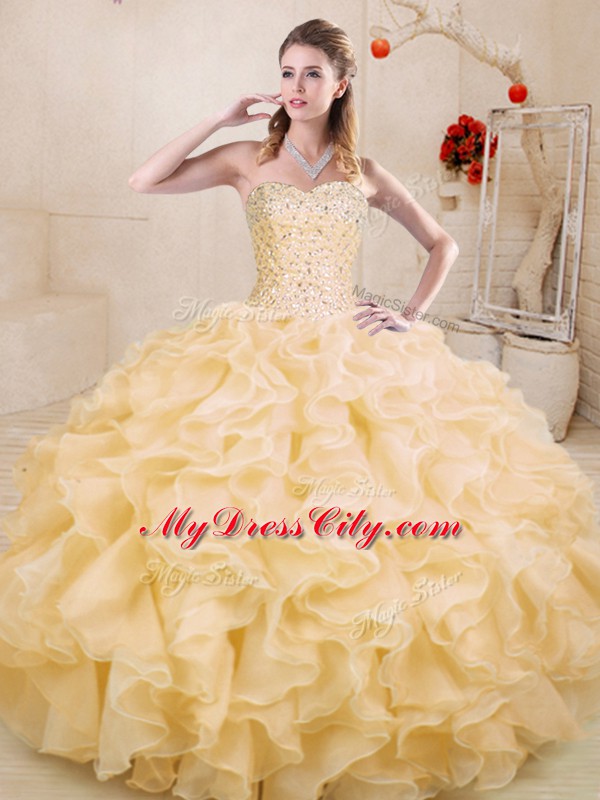 Vintage Sleeveless Floor Length Beading and Ruffles Lace Up Quinceanera Gowns with Gold