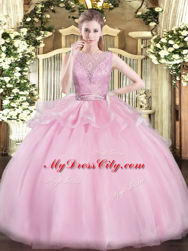 Luxurious Baby Pink Ball Gowns Scoop Sleeveless Organza Floor Length Backless Lace Quinceanera Gown