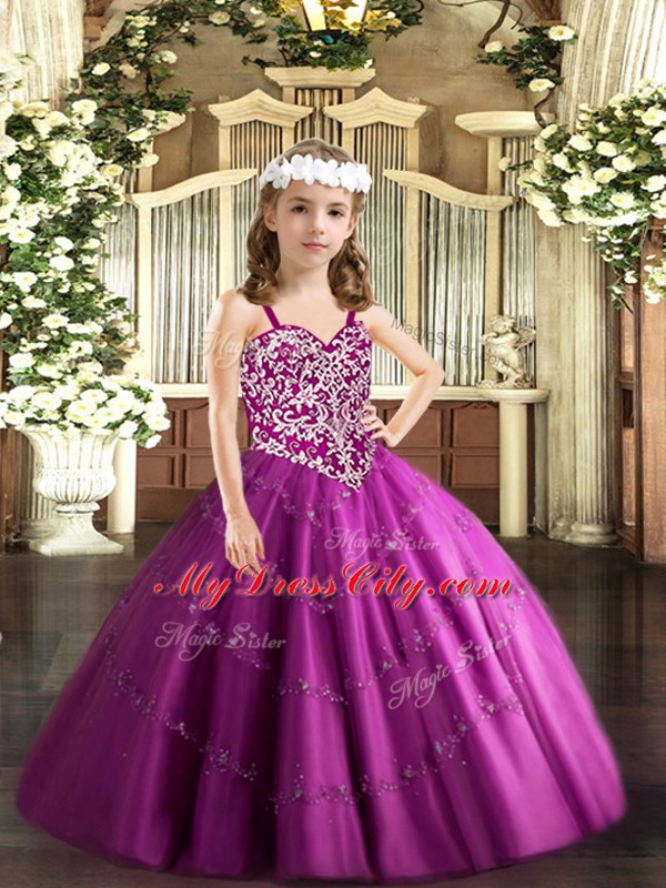 Fuchsia Straps Lace Up Beading and Appliques Winning Pageant Gowns Sleeveless