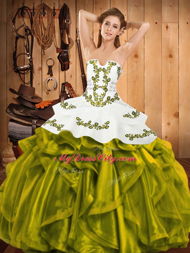 Luxurious Olive Green Ball Gowns Embroidery and Ruffles Quince Ball Gowns Lace Up Satin and Organza Sleeveless Floor Length