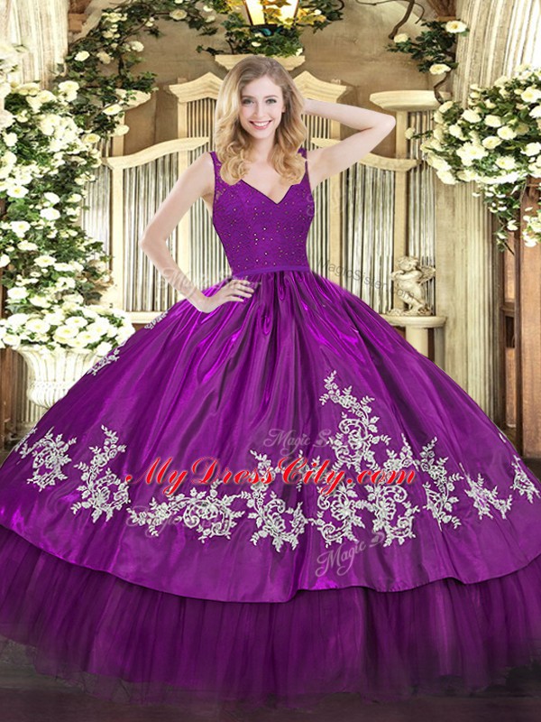 Fuchsia Ball Gowns V-neck Sleeveless Taffeta Floor Length Backless Beading and Lace and Appliques Ball Gown Prom Dress