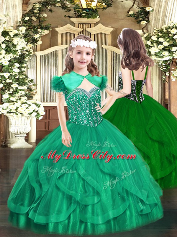 Straps Sleeveless Winning Pageant Gowns Floor Length Beading and Ruffles Turquoise Tulle