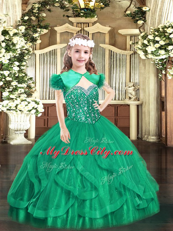 Straps Sleeveless Winning Pageant Gowns Floor Length Beading and Ruffles Turquoise Tulle