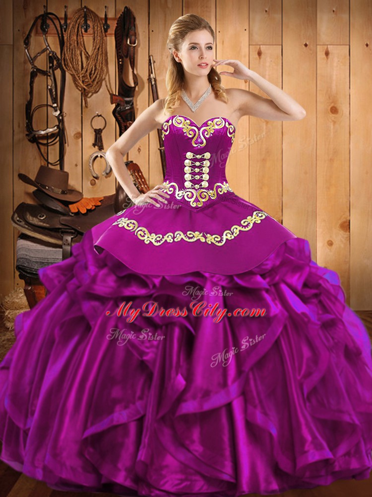 Clearance Satin and Organza Sweetheart Sleeveless Lace Up Embroidery and Ruffles 15 Quinceanera Dress in Fuchsia