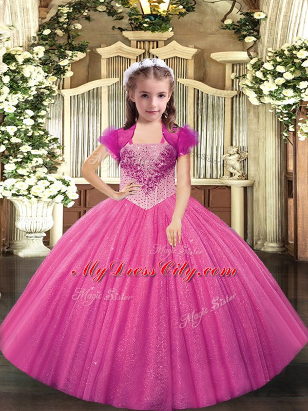 Unique Hot Pink Sleeveless Tulle Lace Up Little Girls Pageant Dress for Sweet 16 and Quinceanera