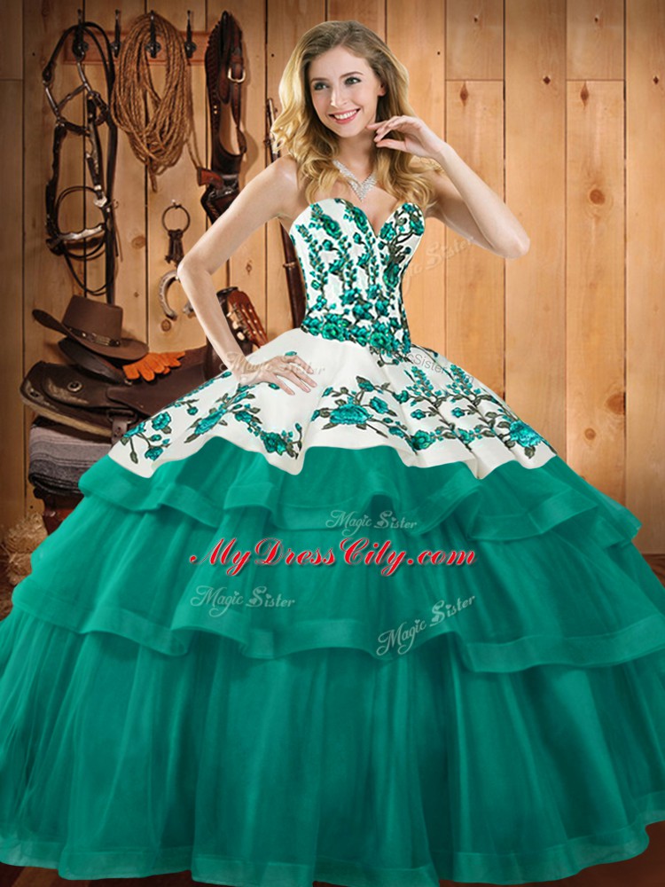 Turquoise Organza Lace Up Sweetheart Sleeveless Quinceanera Gowns Sweep Train Embroidery