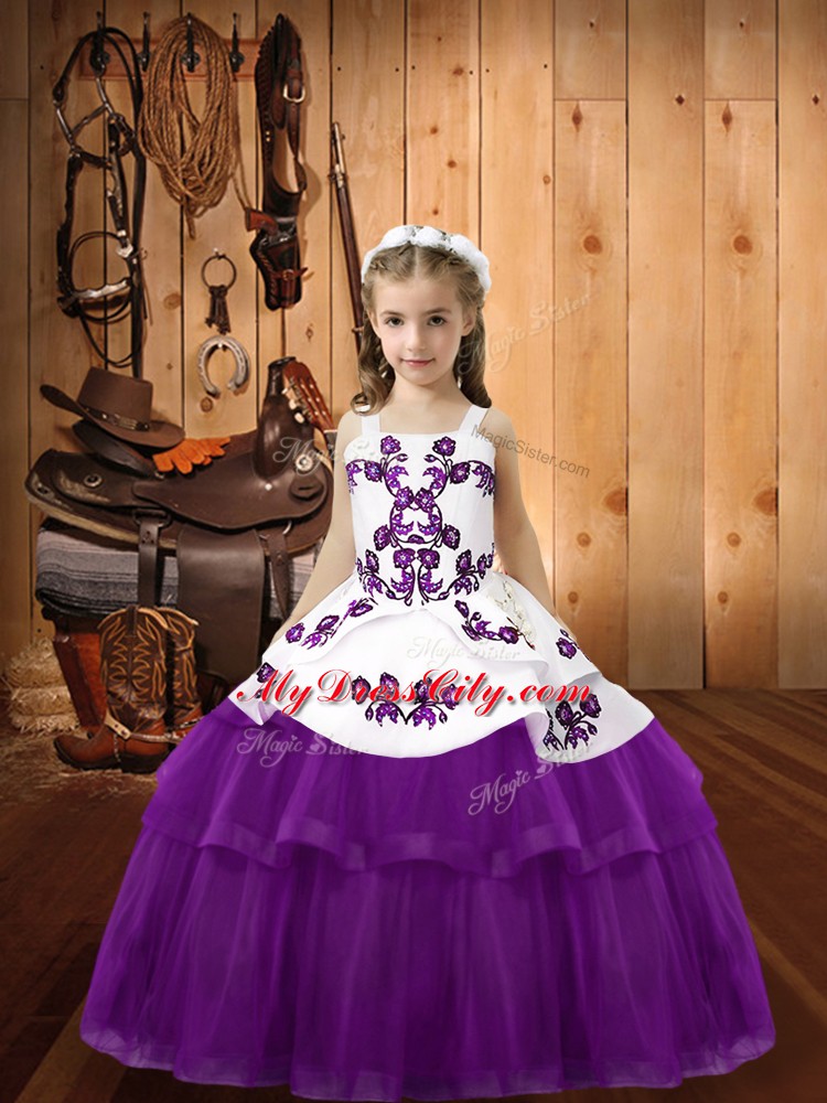 Custom Design Eggplant Purple Tulle Lace Up Pageant Dress Wholesale Sleeveless Floor Length Beading and Embroidery