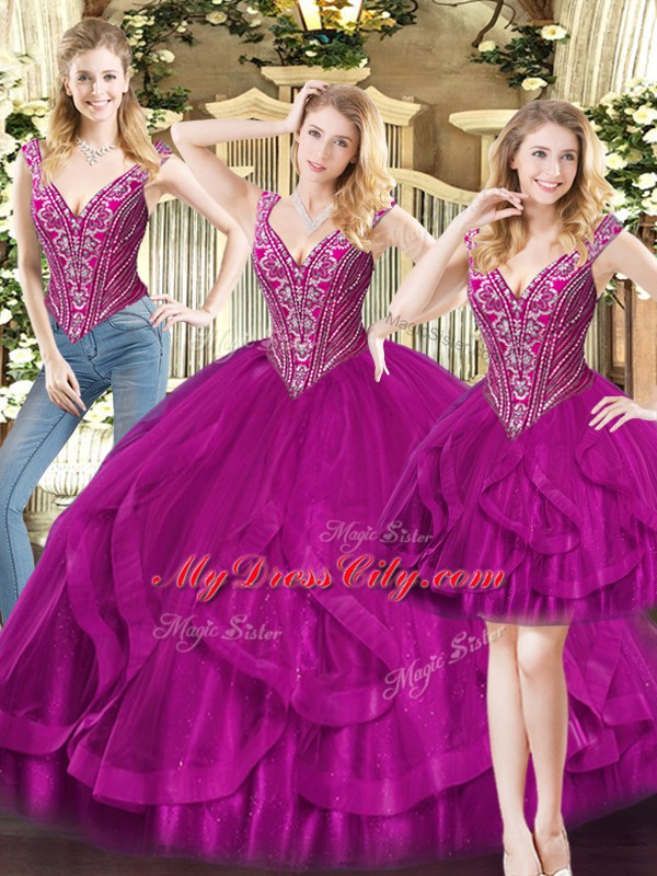 On Sale Fuchsia Sleeveless Beading and Ruffles Floor Length 15th Birthday Dress