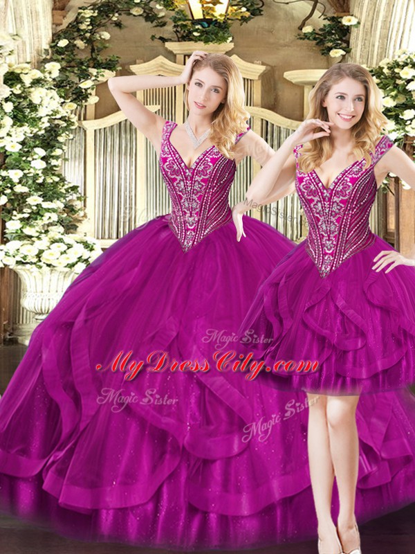 On Sale Fuchsia Sleeveless Beading and Ruffles Floor Length 15th Birthday Dress