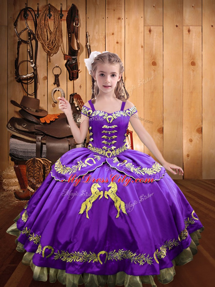Wonderful Lavender Ball Gowns Beading and Embroidery Girls Pageant Dresses Lace Up Satin Sleeveless Floor Length