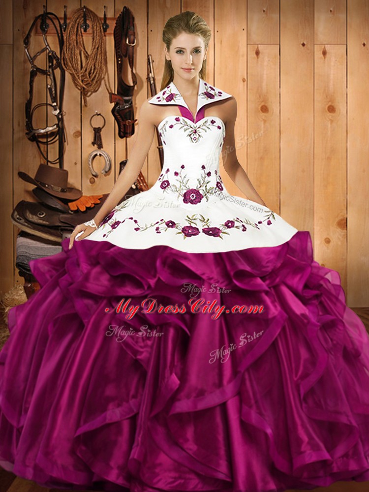 Fuchsia Sleeveless Floor Length Embroidery and Ruffles Lace Up Quinceanera Dress