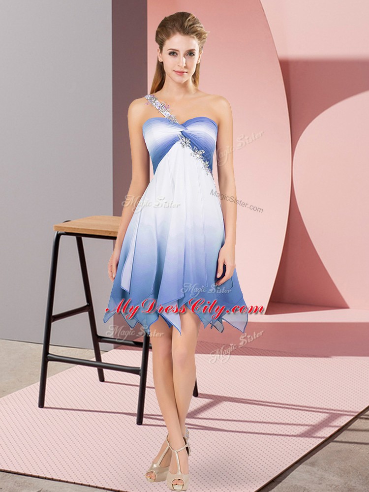 Fancy Multi-color Empire One Shoulder Sleeveless Fading Color Asymmetrical Lace Up Beading Prom Dresses