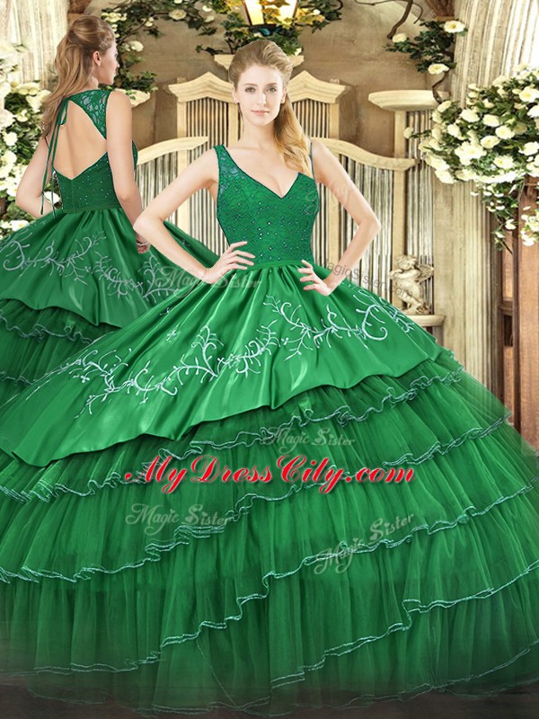 Glittering V-neck Sleeveless Satin and Tulle Ball Gown Prom Dress Beading and Embroidery and Ruffled Layers Zipper