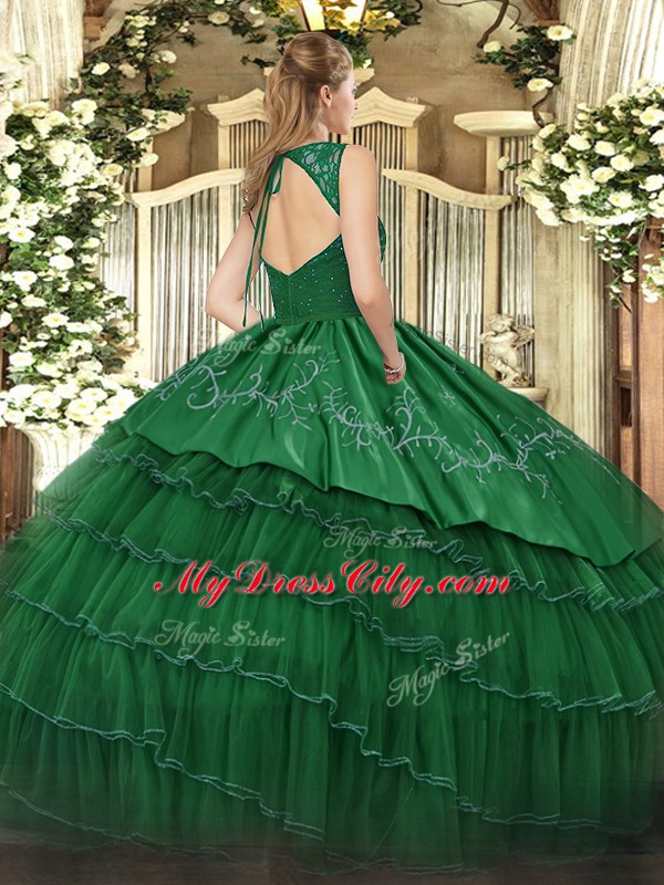 Glittering V-neck Sleeveless Satin and Tulle Ball Gown Prom Dress Beading and Embroidery and Ruffled Layers Zipper