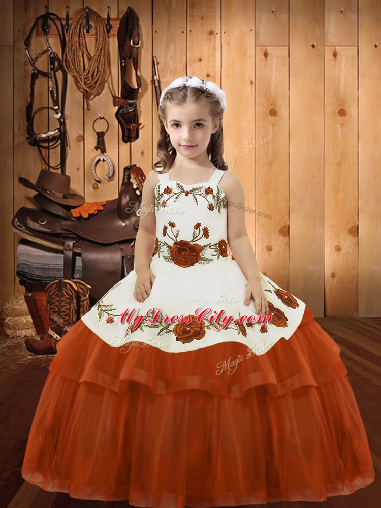 Perfect Rust Red Little Girls Pageant Gowns Sweet 16 and Quinceanera with Embroidery and Ruffled Layers Straps Sleeveless Lace Up