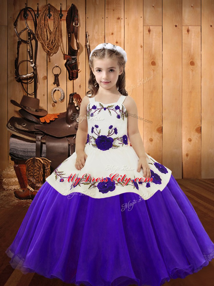 Purple Organza Lace Up Straps Sleeveless Floor Length Pageant Dresses Embroidery