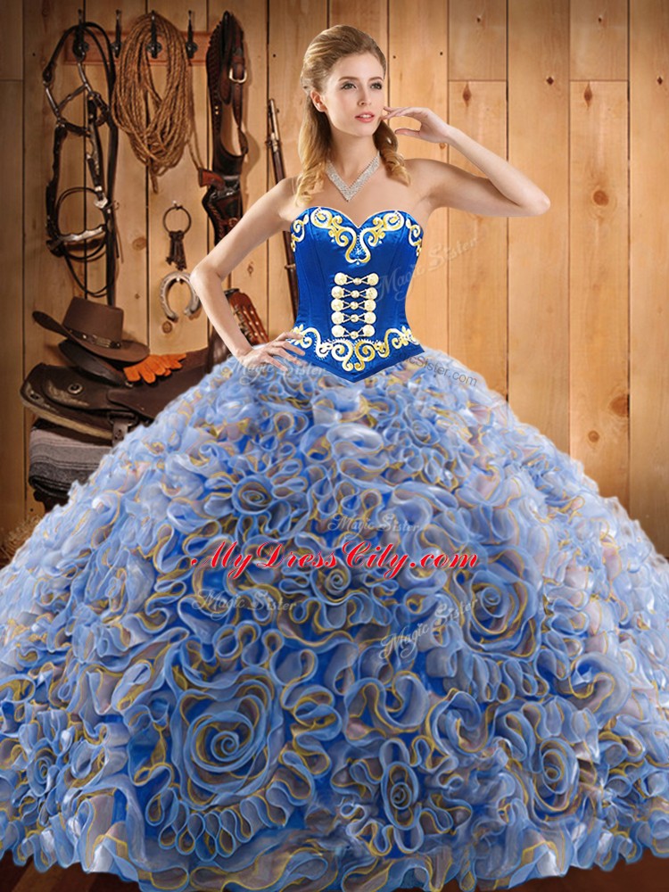 Charming Multi-color Ball Gowns Satin and Fabric With Rolling Flowers Sweetheart Sleeveless Embroidery Lace Up Quince Ball Gowns Brush Train