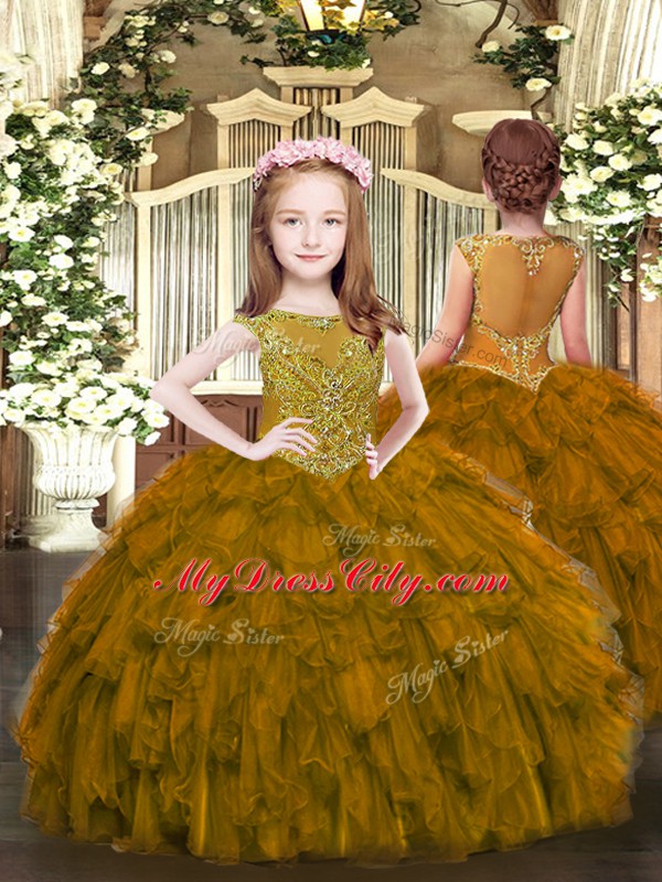Brown Zipper Scoop Beading and Ruffles Little Girl Pageant Gowns Organza Sleeveless