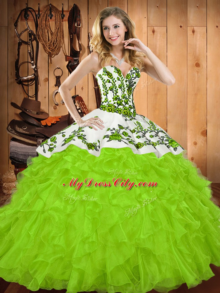Artistic Yellow Green Sleeveless Embroidery and Ruffles Floor Length Sweet 16 Dresses