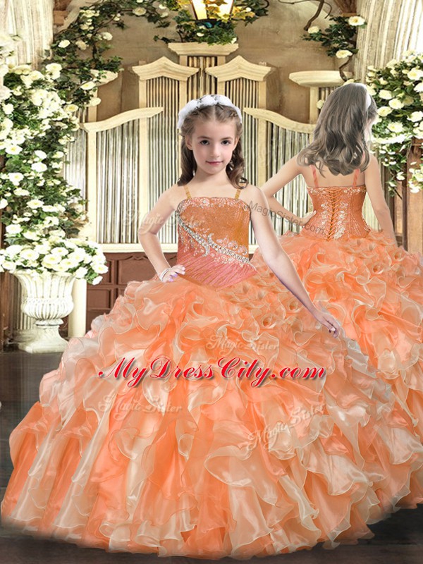 Discount Organza Straps Sleeveless Lace Up Beading and Sequins Pageant Dress for Girls in Orange