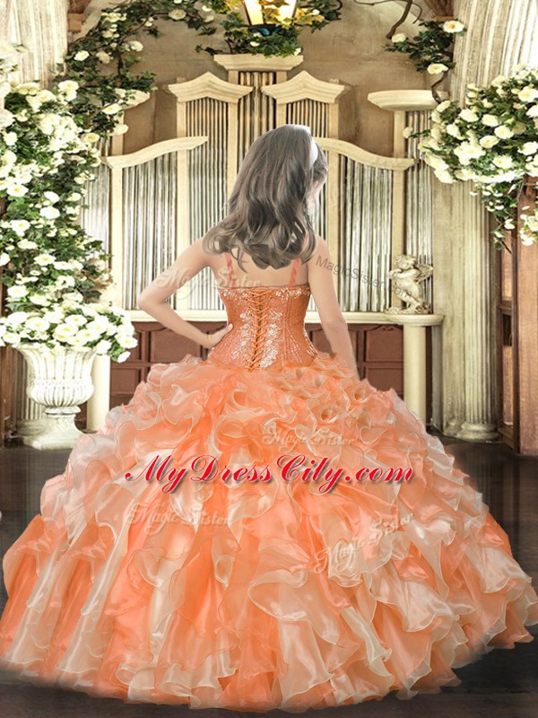 Discount Organza Straps Sleeveless Lace Up Beading and Sequins Pageant Dress for Girls in Orange