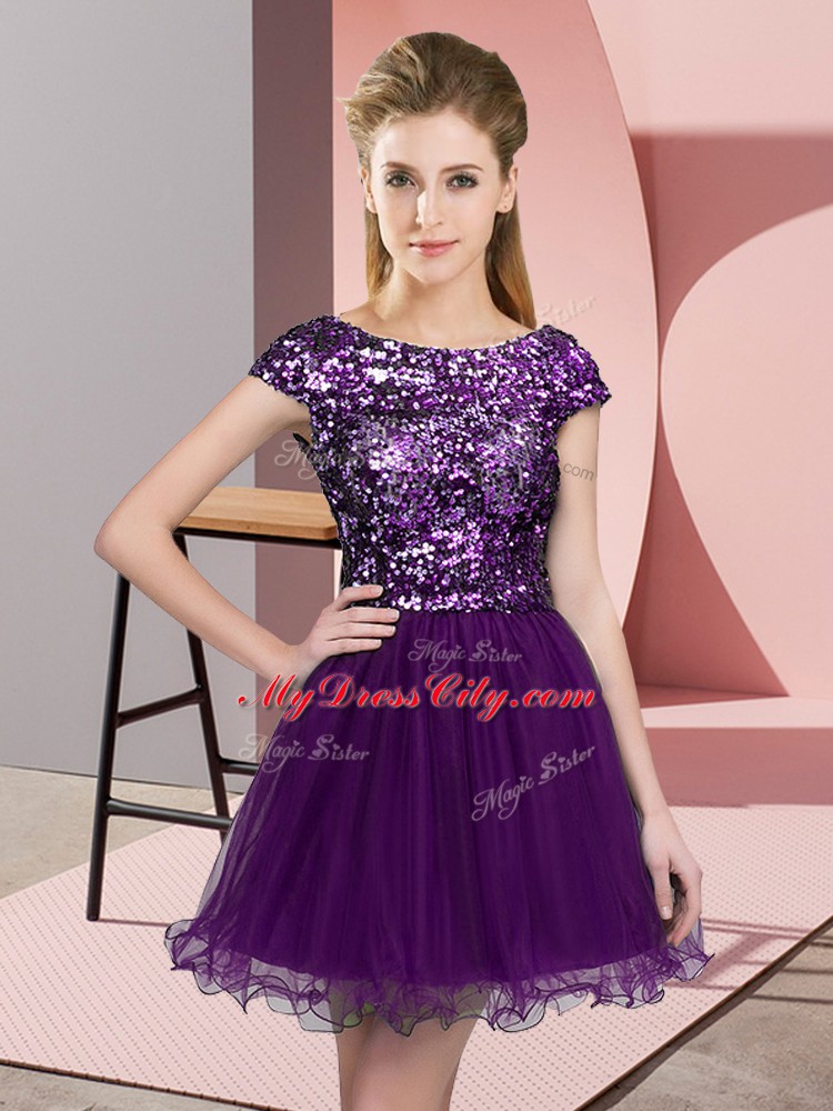 Dark Purple Tulle Zipper Wedding Party Dress Cap Sleeves Mini Length Sequins