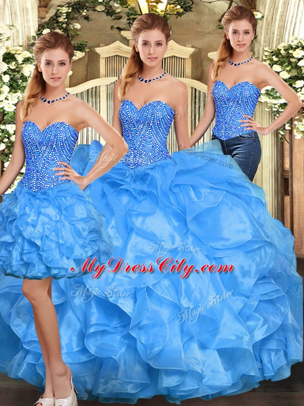 Baby Blue Sleeveless Organza Lace Up Quinceanera Dress for Military Ball and Sweet 16 and Quinceanera
