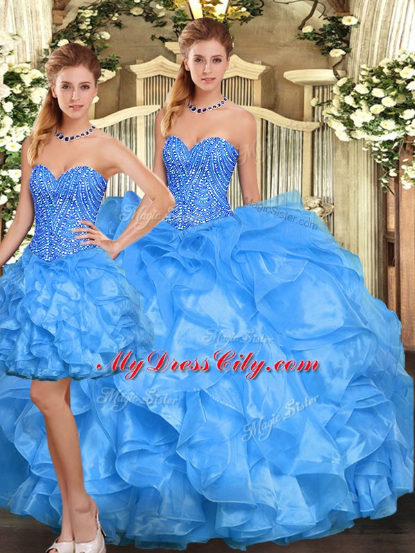 Baby Blue Sleeveless Organza Lace Up Quinceanera Dress for Military Ball and Sweet 16 and Quinceanera