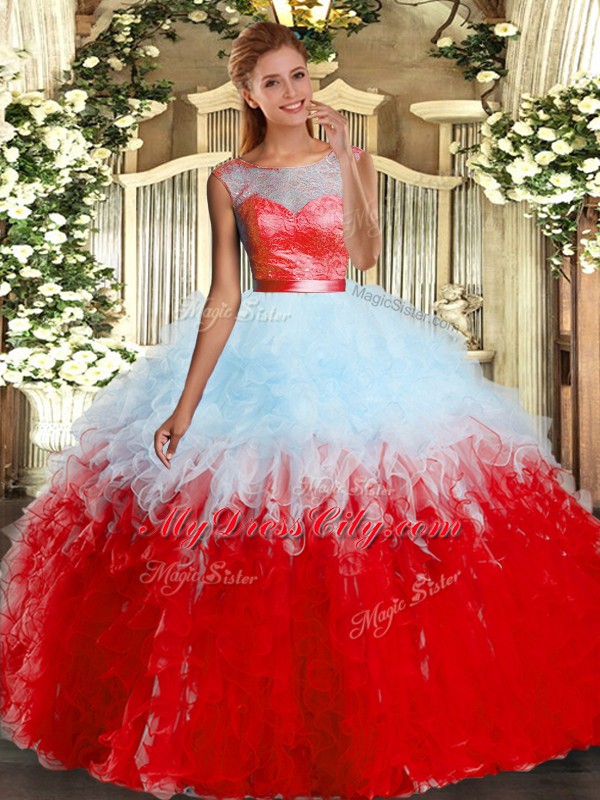 Shining Floor Length Multi-color Quinceanera Dresses Organza Sleeveless Lace and Ruffles