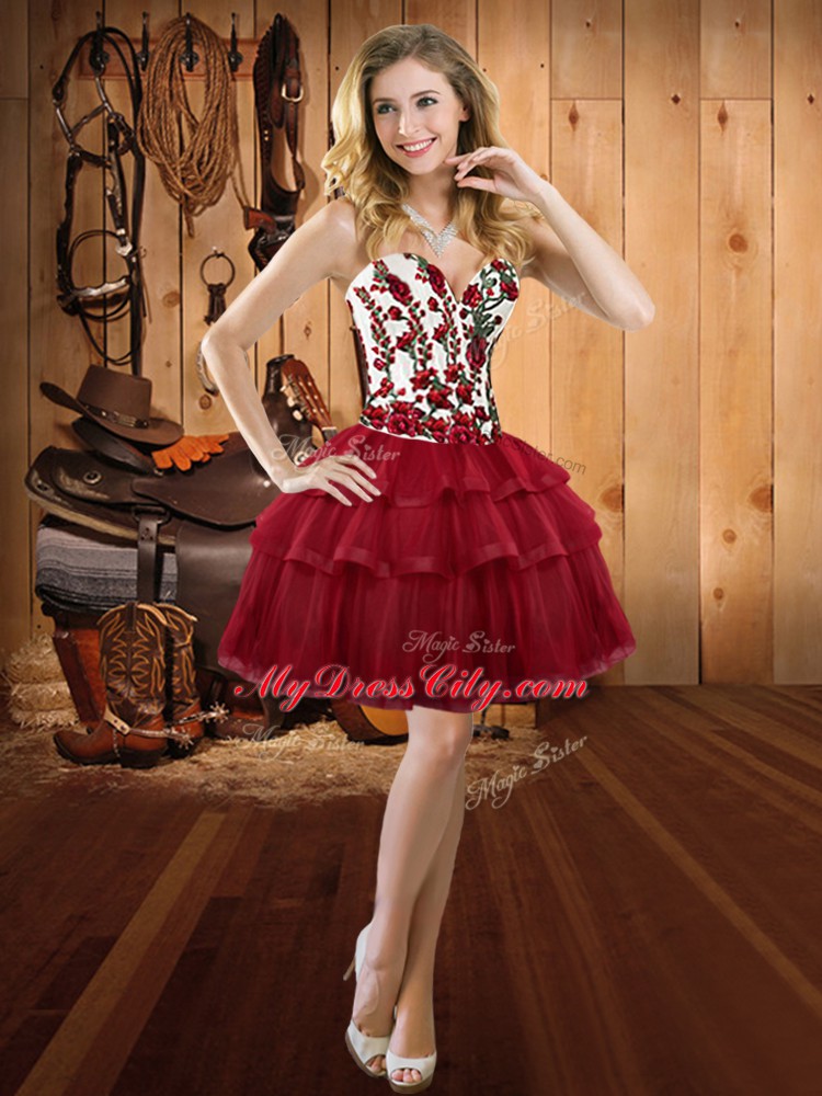 Wine Red Lace Up Sweetheart Embroidery and Ruffled Layers Prom Dresses Organza Sleeveless