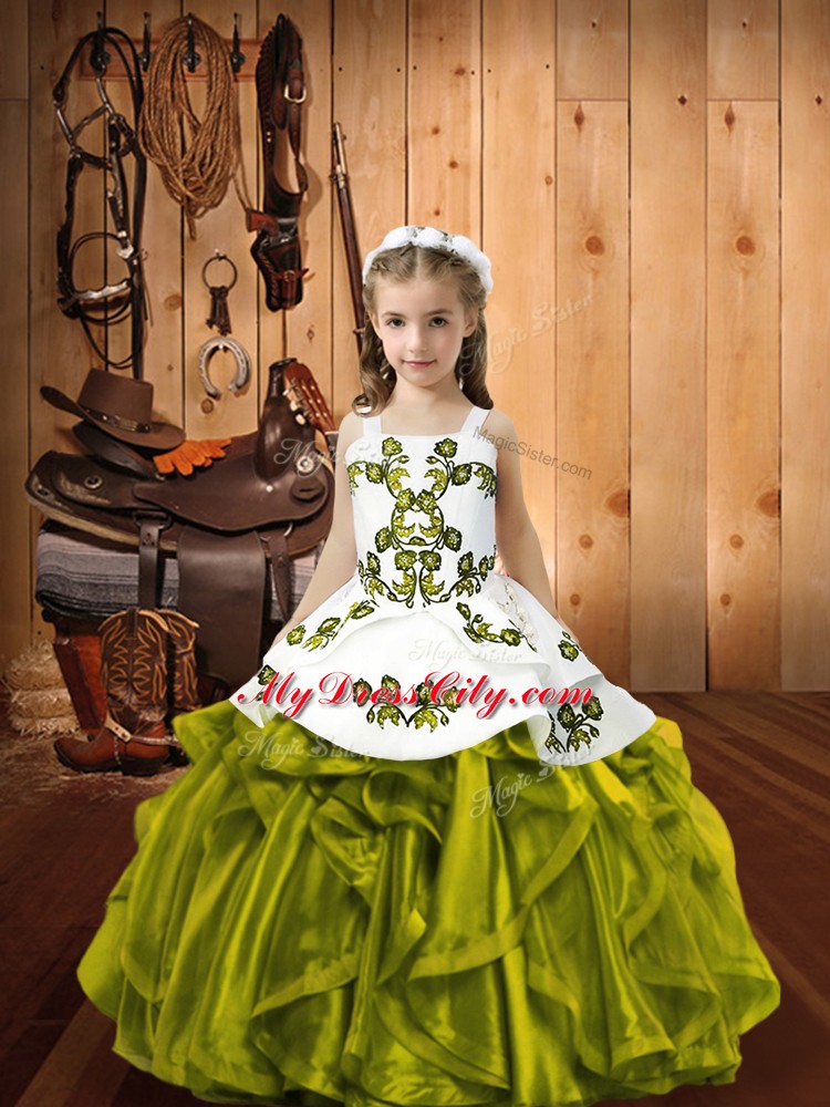Olive Green Ball Gowns Straps Sleeveless Organza Floor Length Lace Up Embroidery and Ruffles Little Girl Pageant Dress