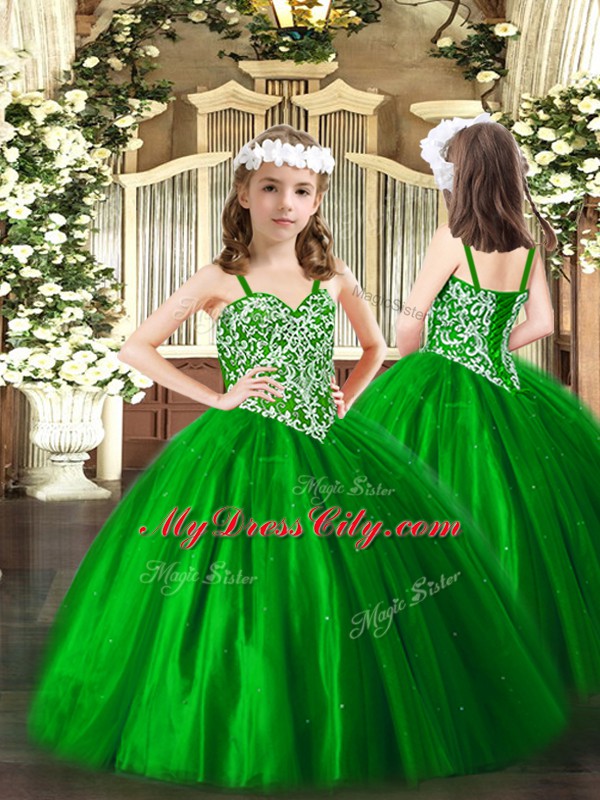 Wonderful Green Tulle Lace Up Little Girls Pageant Dress Sleeveless Floor Length Beading