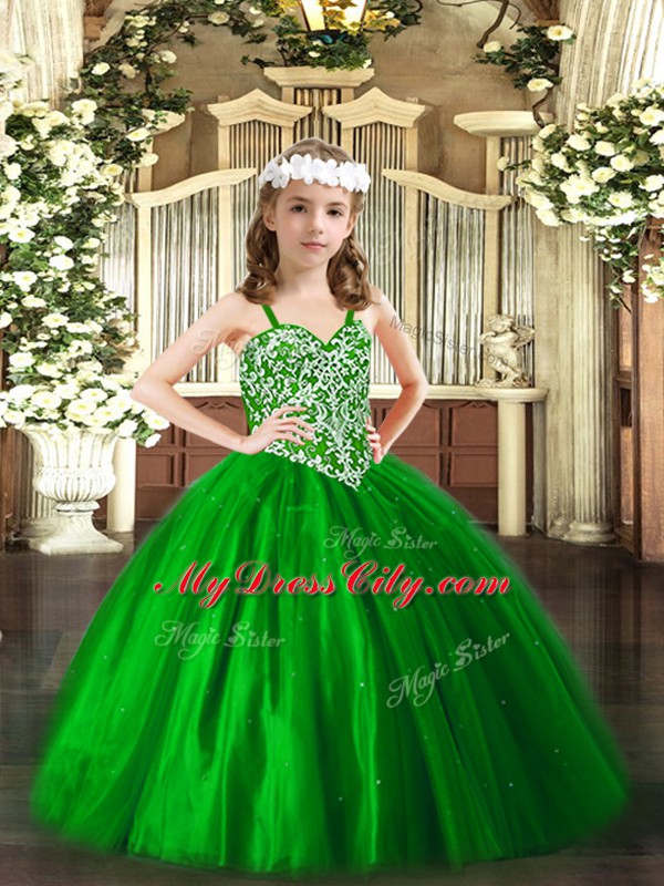 Wonderful Green Tulle Lace Up Little Girls Pageant Dress Sleeveless Floor Length Beading