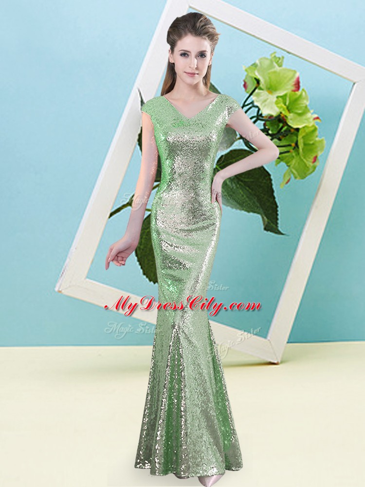Green Cap Sleeves Sequins Floor Length Prom Dresses