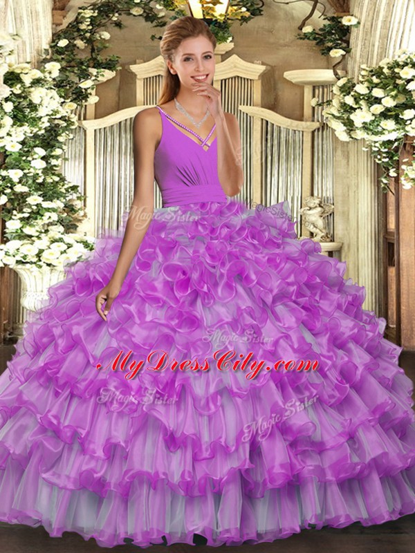 Lilac V-neck Backless Ruffled Layers Ball Gown Prom Dress Sleeveless