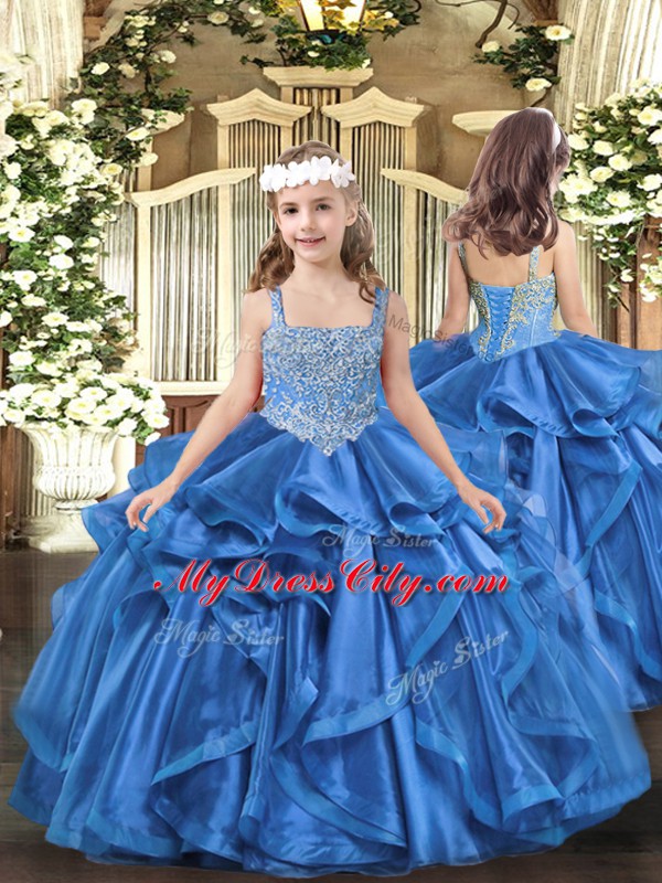 High Class Sleeveless Floor Length Beading and Ruffles Lace Up Kids Pageant Dress with Baby Blue
