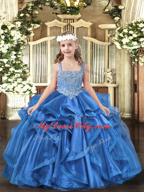 High Class Sleeveless Floor Length Beading and Ruffles Lace Up Kids Pageant Dress with Baby Blue