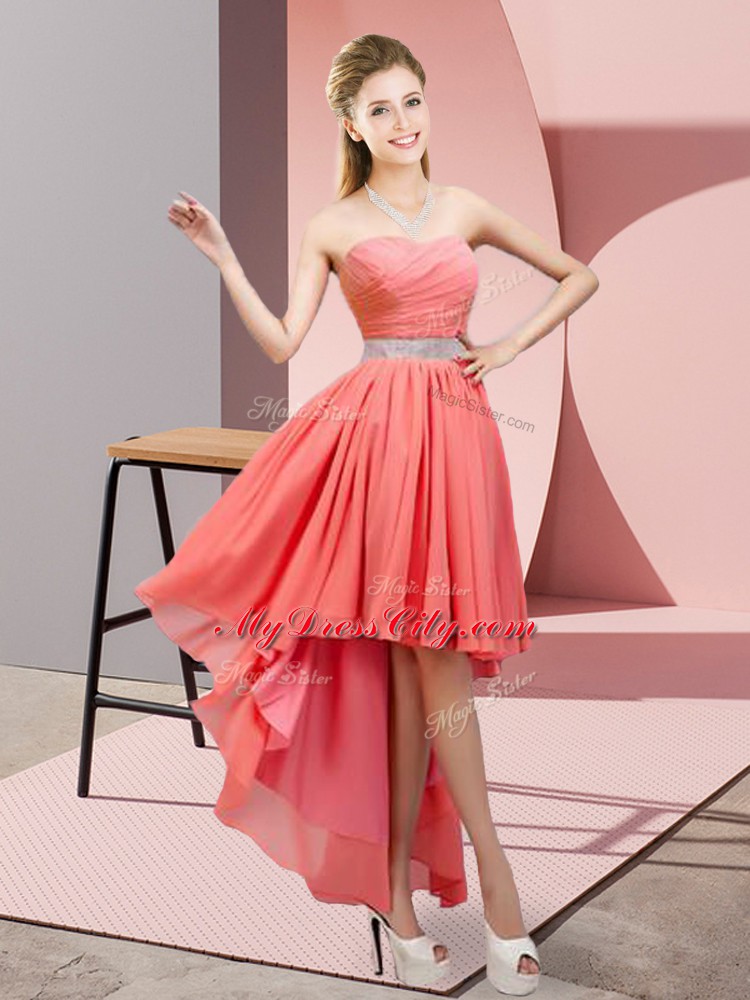 Sleeveless Chiffon High Low Lace Up Vestidos de Damas in Watermelon Red with Beading