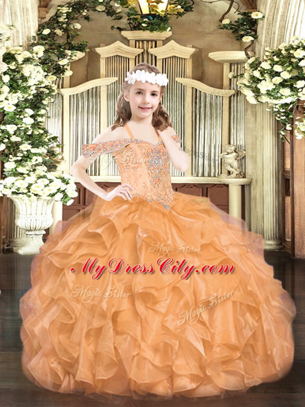 Adorable Orange Off The Shoulder Neckline Beading and Ruffles Kids Formal Wear Sleeveless Lace Up