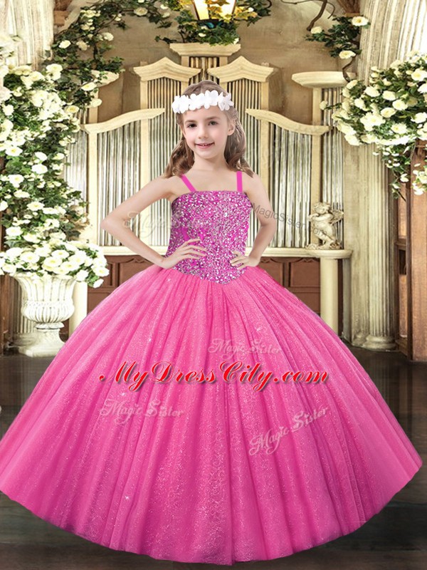 Ball Gowns Little Girl Pageant Dress Hot Pink Straps Tulle Sleeveless Floor Length Lace Up