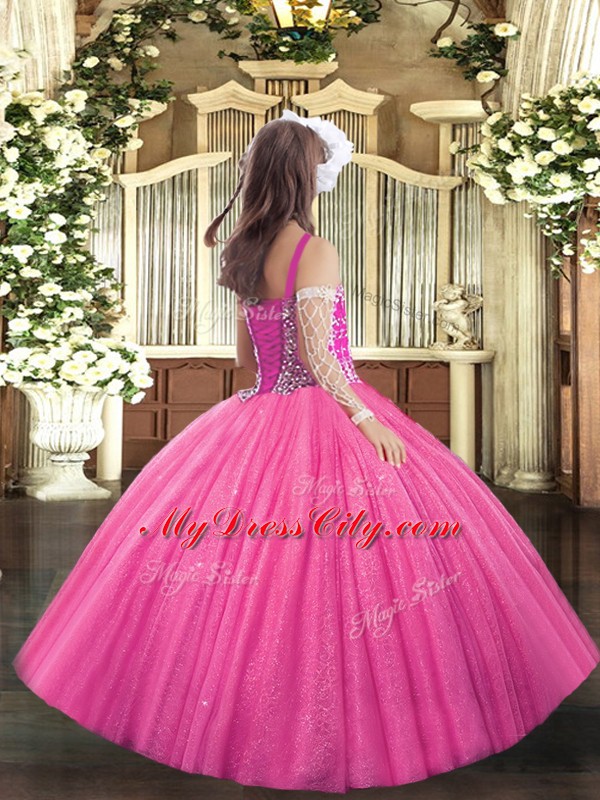 Ball Gowns Little Girl Pageant Dress Hot Pink Straps Tulle Sleeveless Floor Length Lace Up