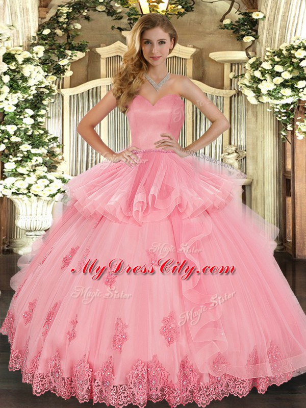 Admirable Ball Gowns 15 Quinceanera Dress Watermelon Red Sweetheart Tulle Sleeveless Floor Length Lace Up