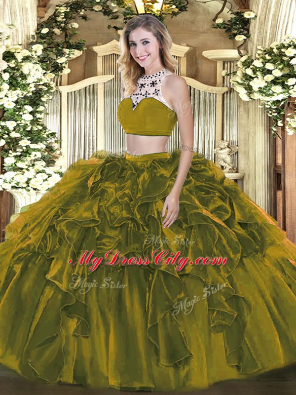 Olive Green 15th Birthday Dress Military Ball and Sweet 16 and Quinceanera with Beading and Ruffles High-neck Sleeveless Backless