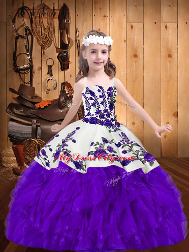 Customized Floor Length Purple Pageant Dresses Straps Sleeveless Lace Up