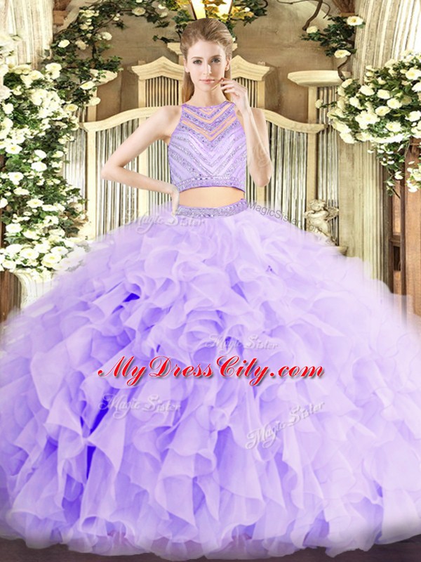 Latest Sleeveless Organza Floor Length Zipper Sweet 16 Dresses in Lavender with Beading and Ruffles