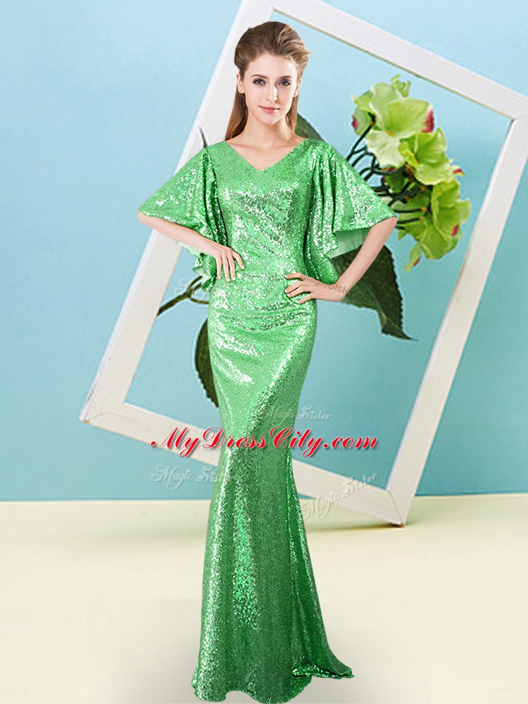 Green Half Sleeves Sequined Zipper for Prom and Party