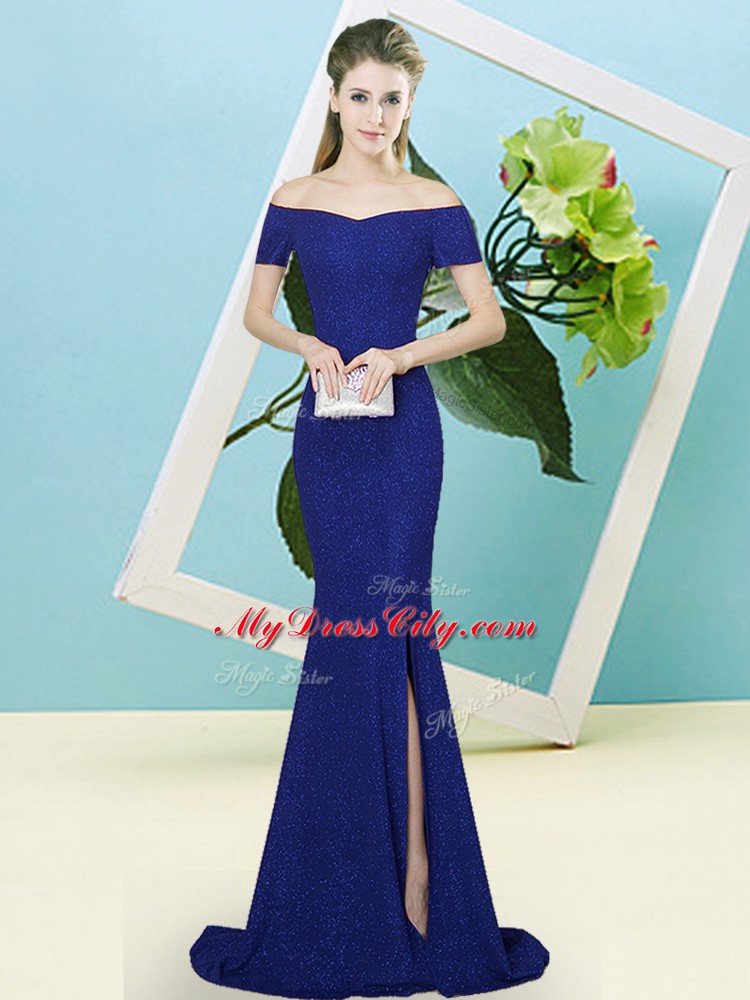 Artistic Zipper Prom Gown Royal Blue for Prom and Party with Sequins Sweep Train